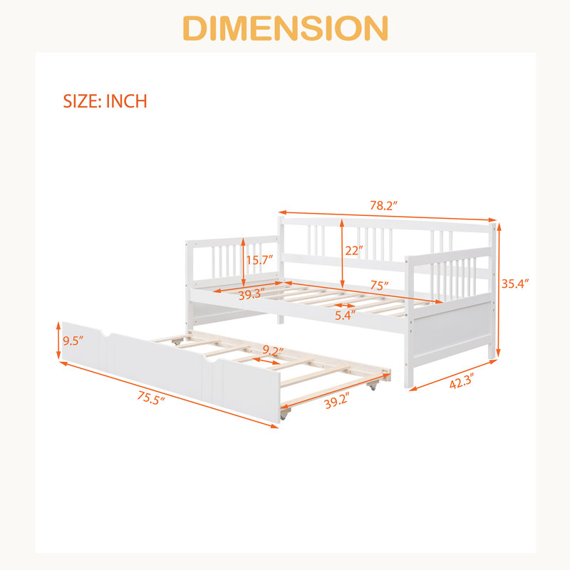 Twin Size Daybed Wood Bed With Twin Size Trundle, White