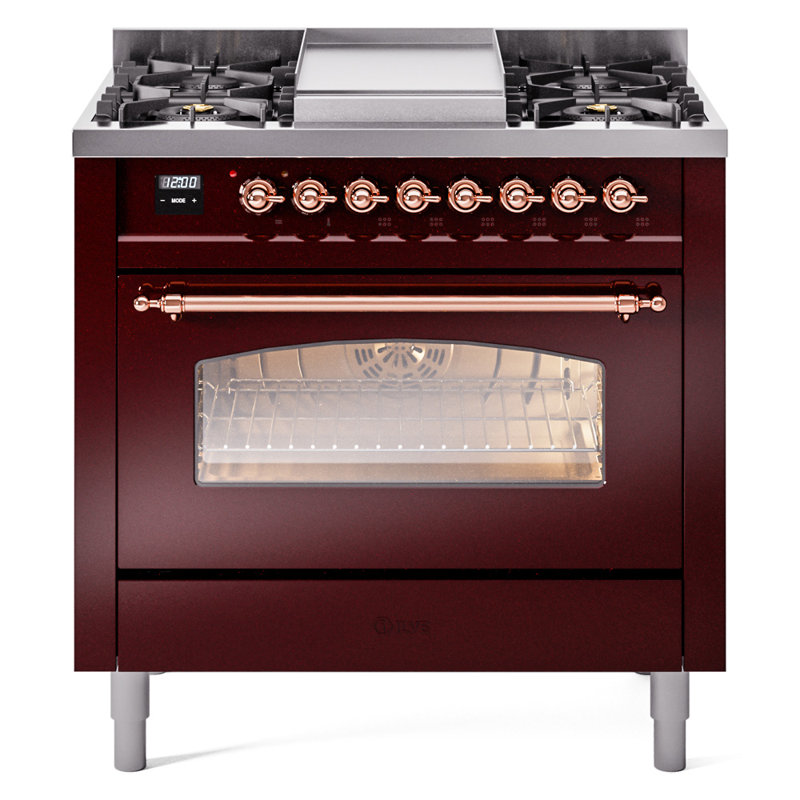 ILVE Nostalgie II Series 36 inch Dual Fuel Range with 6 Burners, Griddle (Glass Door), Burgundy/Copper, Natural Gas
