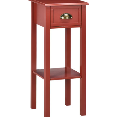 Table d'appoint rouge avec tiroir et tablette inférieure pour la maison. Deux tiroirs latéraux, extrémité étroite, idéal pour le salon et la chambre. Permet de ranger les magazines, les livres, les plantes et les photos. Style élégant qui s'adapte à tous les intérieurs. Fabriqué en [matériau manquant]. Comprend
