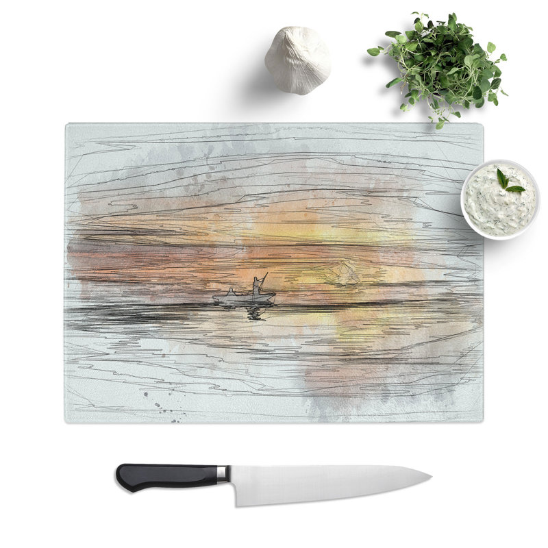 Tempered Glass a Boat at Sunset Sketch Chopping Board, 20 cm x 28.5 cm