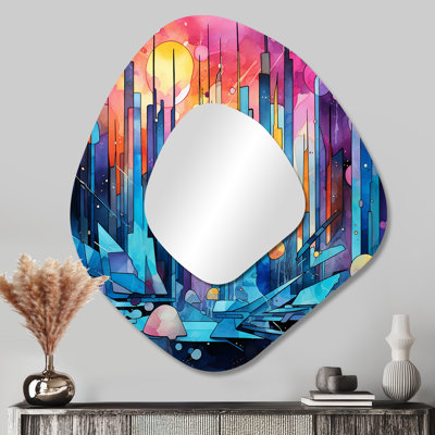 Simonton Midnight Cityscape Spectrum 3 - Cityscape Irregular Shape Decorative Mirror, Industrial Asymmetrical Large Wall Mirror, Printed Metal Art
