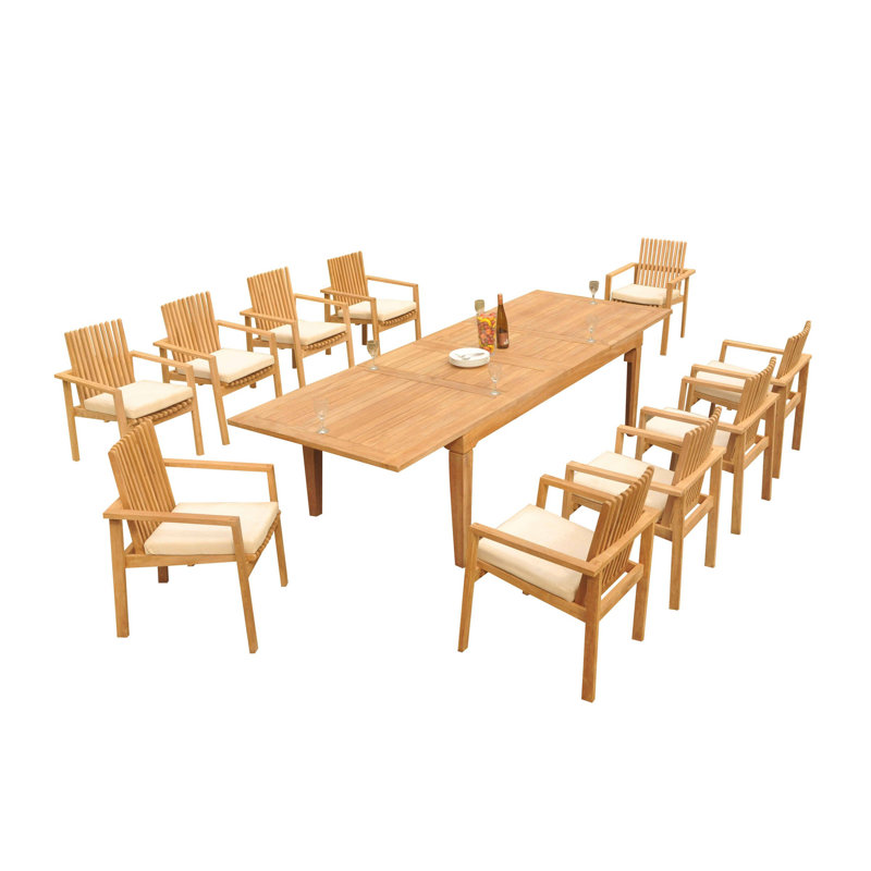 Teak 11-Piece Brown Solid Wood Outdoor Dining Set with Stackable Chairs