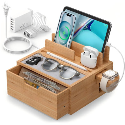 Charging Station Dock with Charger HUB and Cables, Nightstand Docking Station with Lined Tray & Drawer for Multi Device, Compatible with Tablet, Cell Phones, Watch & Earbuds, Natural