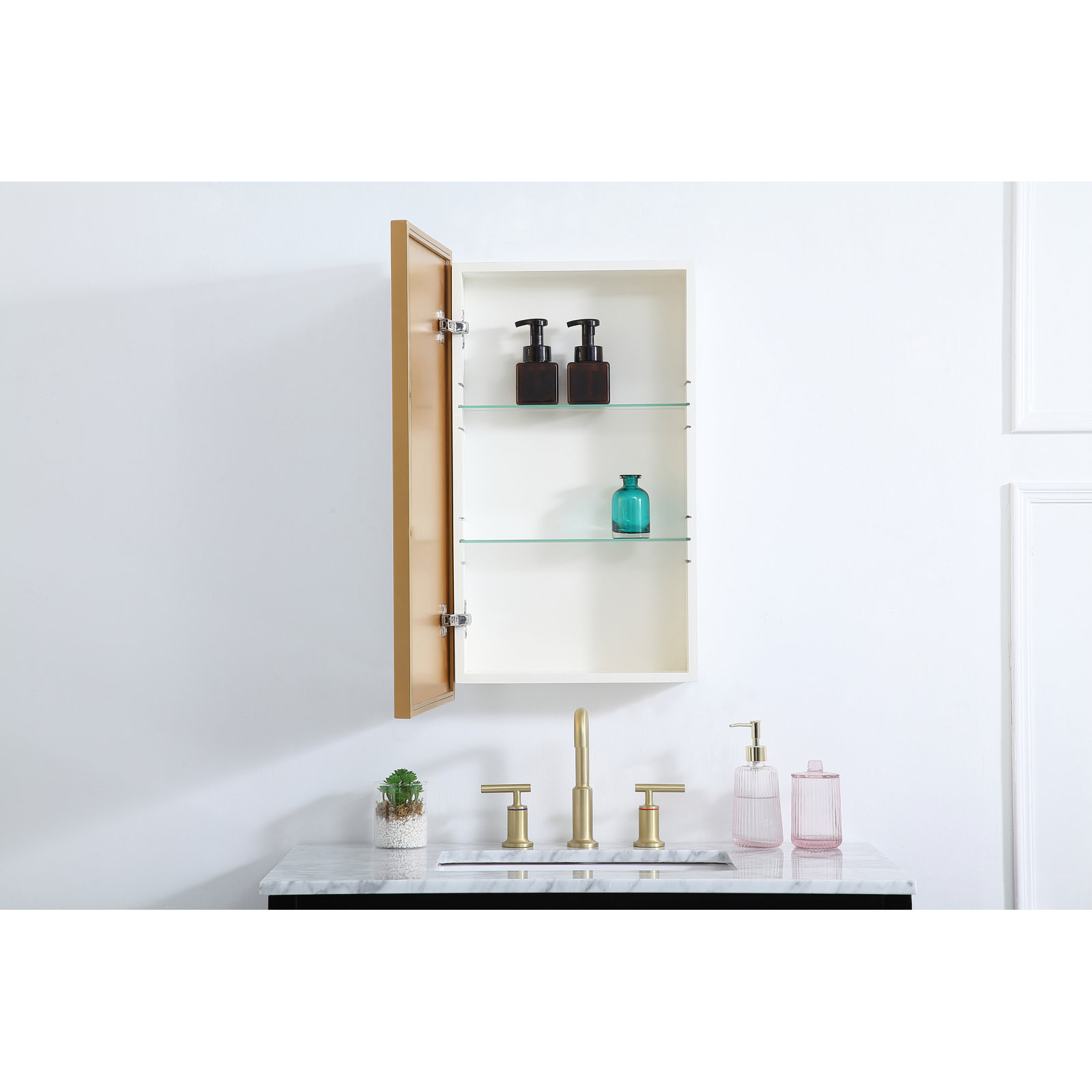 Clapp 28'' H Surface Mount Framed Medicine Cabinet with 2 Adjustable Shelves, Brass, 28" H x 17" W x 5" D