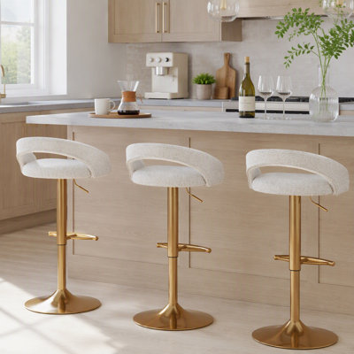 Tabouret de bar réglable en métal doré et tissu avoine avec repose-pieds arrondi en T - ensemble de 2