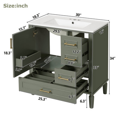 Meuble-lavabo de 30 po avec lavabo en céramique, porte à fermeture en douceur avec tablette intégrée, tiroir profond, tiroir standard, grand tiroir diviseur, grande armoire de rangement pour la salle de bain, design moderne et fonctionnel