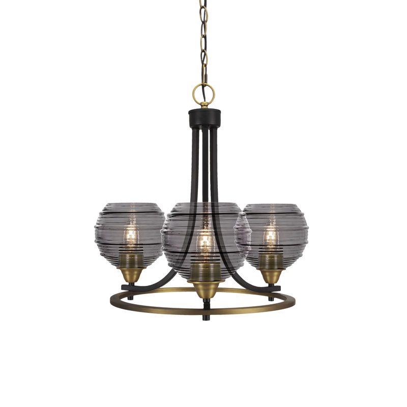 Lustre 3 lumières Bookham Paramount avec verre côtelé 6 ", Noir mat / laiton, Fumée