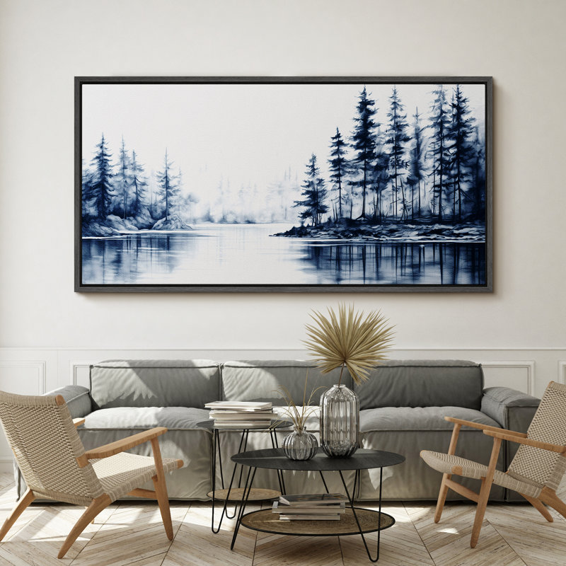 "Woodland Forest Landscape Misty Blue Blue Pine Woodland Lake Nature Landscape", reproduction d'art sur toile