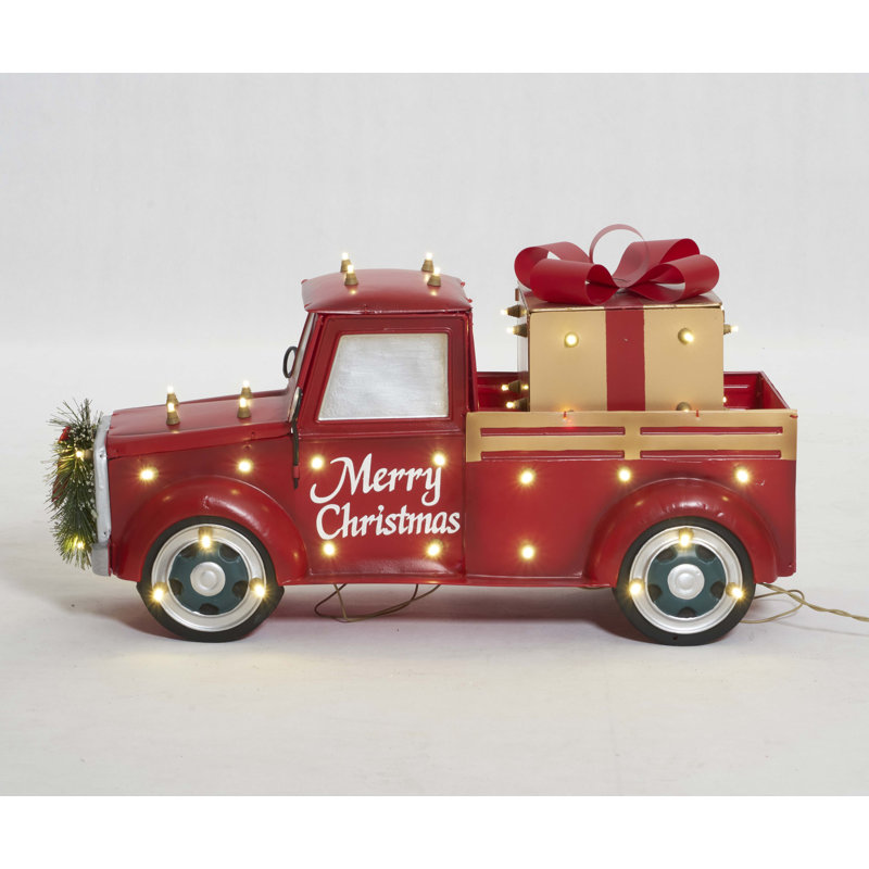 Red Metal LED Truck with Gift Box Sculpture, 28-inch
