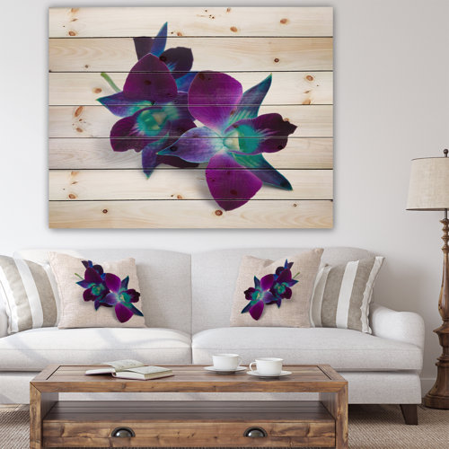 Ebern Designs Deep Purple Orchid Flowers On White On Wood Print | Wayfair