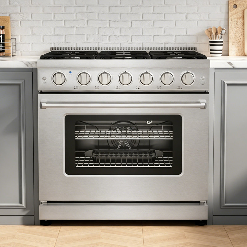 Cuisinière à gaz 36 pouces avec 6 brûleurs, modes de cuisson par convection, rôtissage, grillage et déshydratation, commandes de qualité professionnelle, ensemble de conversion au propane liquide, comprend 2 grilles de four, support anti-basculement et plaque de cuisson avec ramasse-gouttes