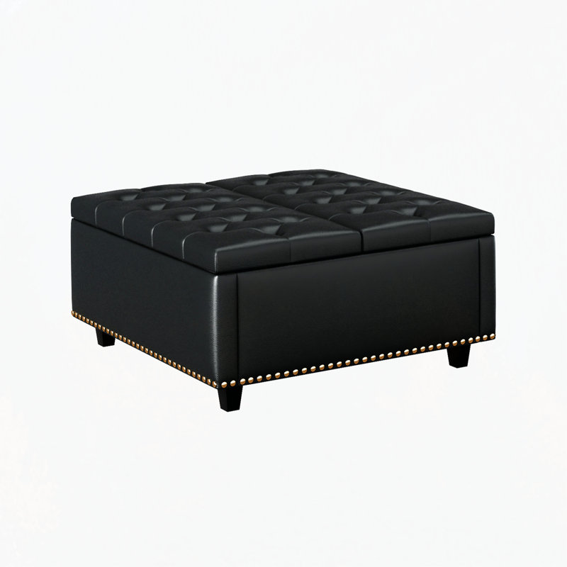 Mid-century Coffee Table with Nailhead Inlay,Modern Storage Stool with 2 Storage Doors, Black