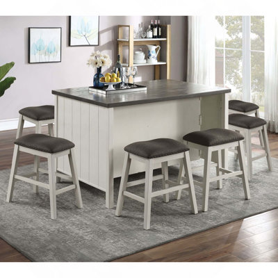 Transitional Style 7PCS Counter Height Dining Set, Wooden Dining Table With Storage Shelve Table Base & 6 Stools