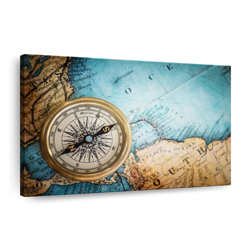 Boussole en métal sur toile, H 32 po x l 48 po x P 1,25 po
