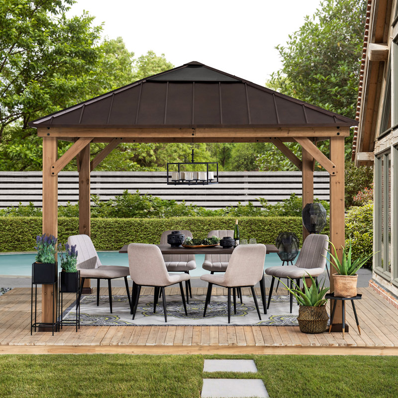 Sunjoy Hardtop Gazebo 11 x 11 ft. Standard Cedar Framed Wood Gazebo with Brown Steel and Polycarbonate
