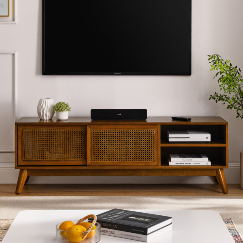 Mid Century Modern Rattan TV Stand For 65 Inch TV, Entertainment Cabinet, Media Console For Living Room Bedroom Media Room, Solid Wood Feet & Rattan Cabinet Doors
