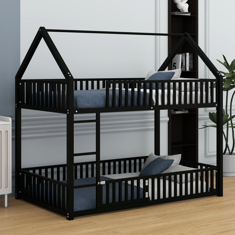 Metal Twin Over Twin Size House Bunk Bed With Fence And Door,Bunk House Bed For Boys Girls Teens, Black