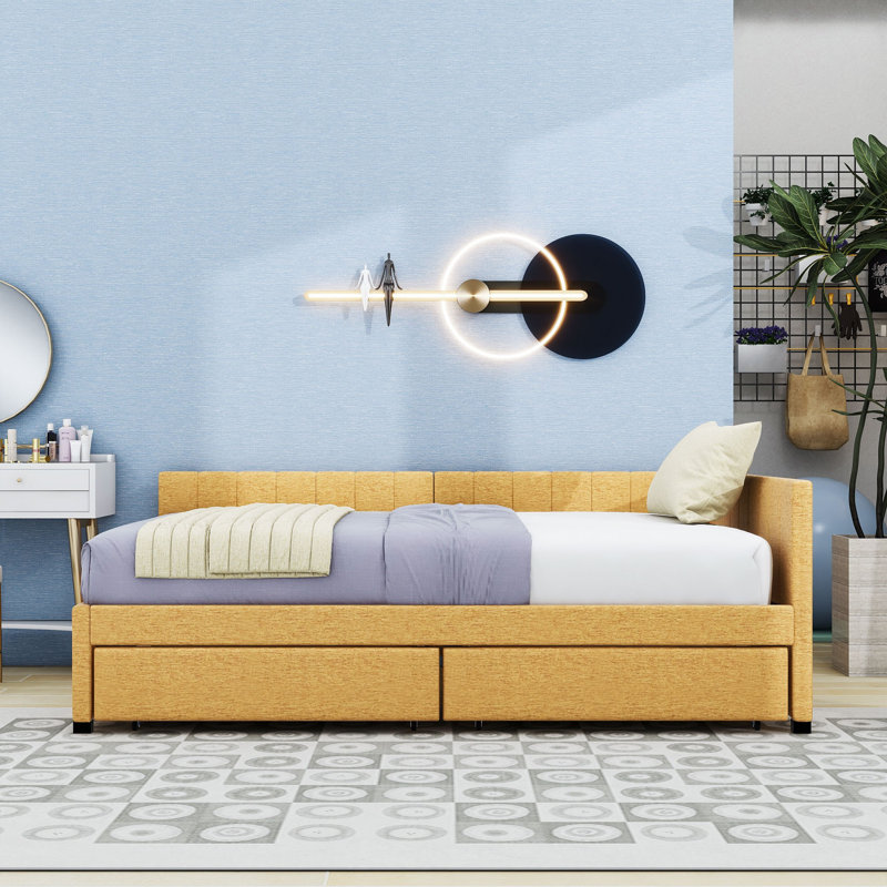2 Drawers Full Upholstered Daybed, Semi-Closed Design, Yellow