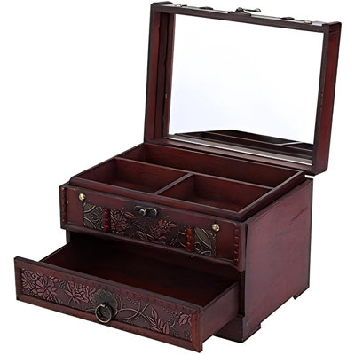 Boîte à bijoux en bois avec miroir, boîte à bijoux classique en bois, boîte à bijoux avec porte-coffre à bijoux et tiroir (fuchsia)
