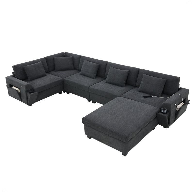 Ensemble de canapé modulaire en U, canapé en chenille 6 places avec repose-pieds surdimensionné en U, Noir