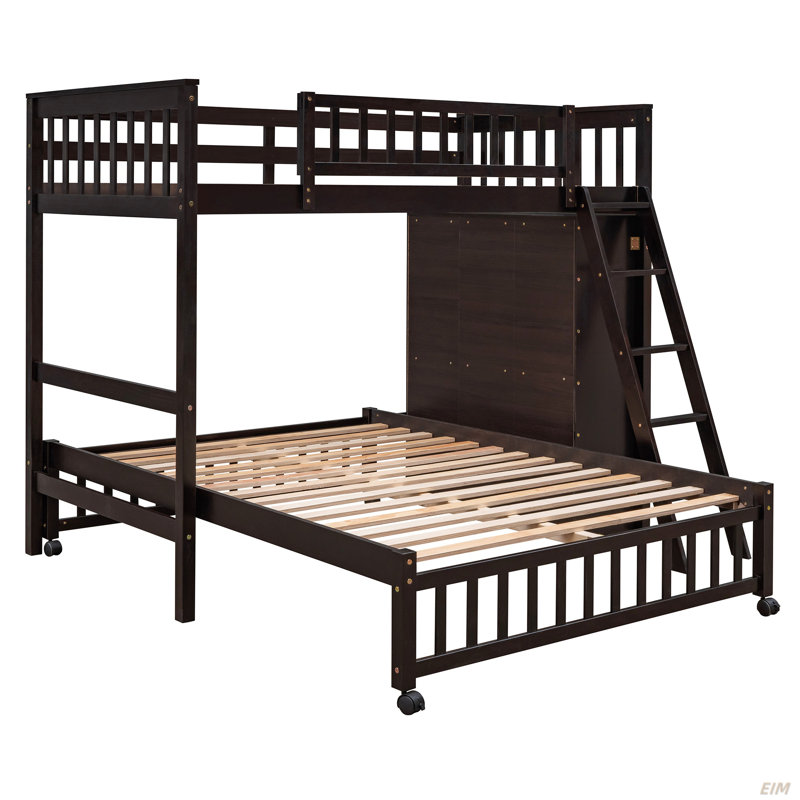 Lit superposé en bois avec 6 tiroirs et tablettes flexibles, lit inférieur avec roulettes, Espresso