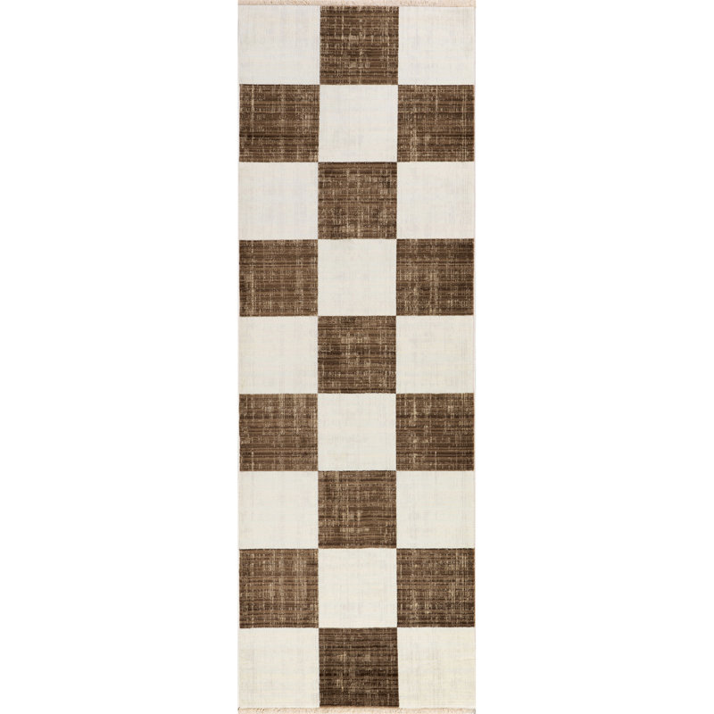 Checkerboard Fringed Area Rug, Runner 2'8" x 7'10"