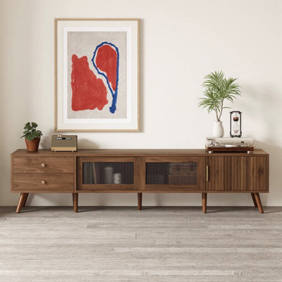 Meuble télé 76 po pour téléviseur de 76 po ou moins avec porte en verre moderne | Meuble audio-vidéo à grain de bois avec 2 tiroirs et 2 armoires | Console multimédia avec charnières à fermeture en douceur et gestion des câbles | Finition naturelle