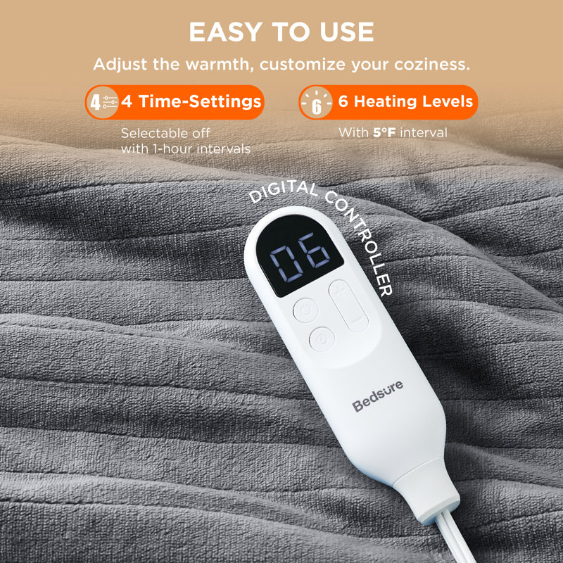 Winter Electric Blanket Soft Flannel Heated Blanket, Fast Heating with 10 Time Settings & 6 Heat Settings, Full, Classic Grey