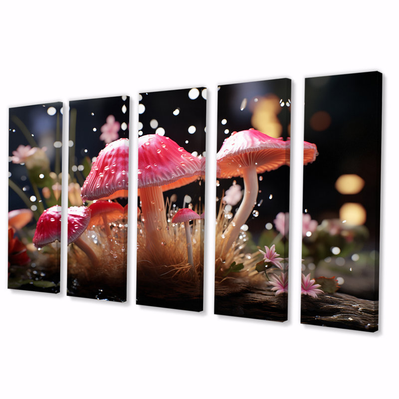 Champignons magiques dans une forêt enchantée - Art mural sur toile champignon - 5 panneaux égaux