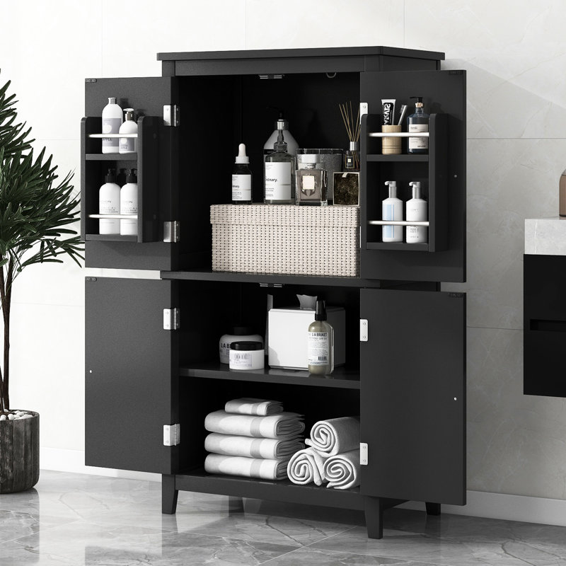 Wide Bathroom Cabinet - 4 Doors Black Adjustable Shelving Unit Tall Shelves, Black