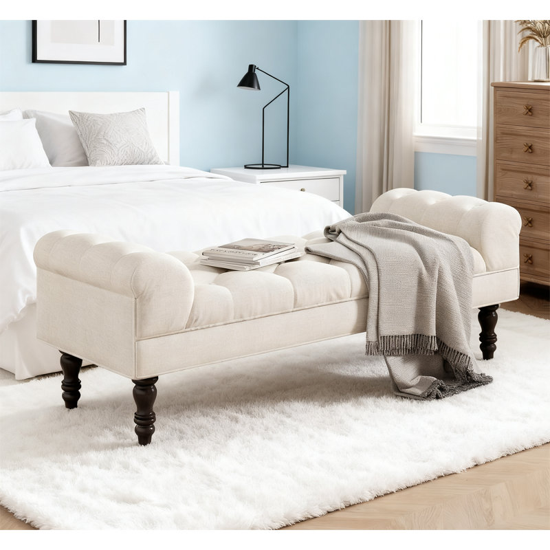Button-Tufted End of Bed Bench, Beige, Black