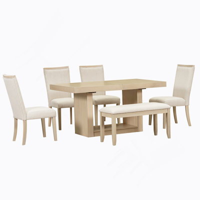 Ensemble de table de salle à manger extensible 6 pièces avec rallonge amovible, banc et 4 chaises rembourrées