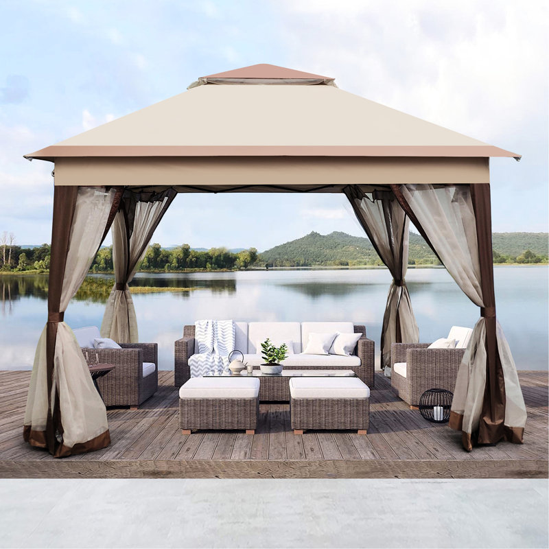 Abri de jardin 11 x 11 pi avec filet amovible. Rouille - cadre. Double couche supérieure. Feu. Pour le patio, la cour arrière, le camping. Tente d'extérieur Coffee 11 x 11 pi, structure en acier - 2 capote, filet en filet pour la fête, mariage
