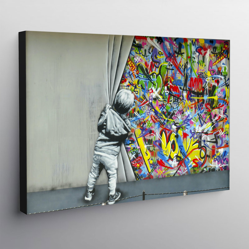 Little Boy Pulls Curtain Graffiti - Wrapped Canvas Painting, 61cm H x 81cm W x 4cm D