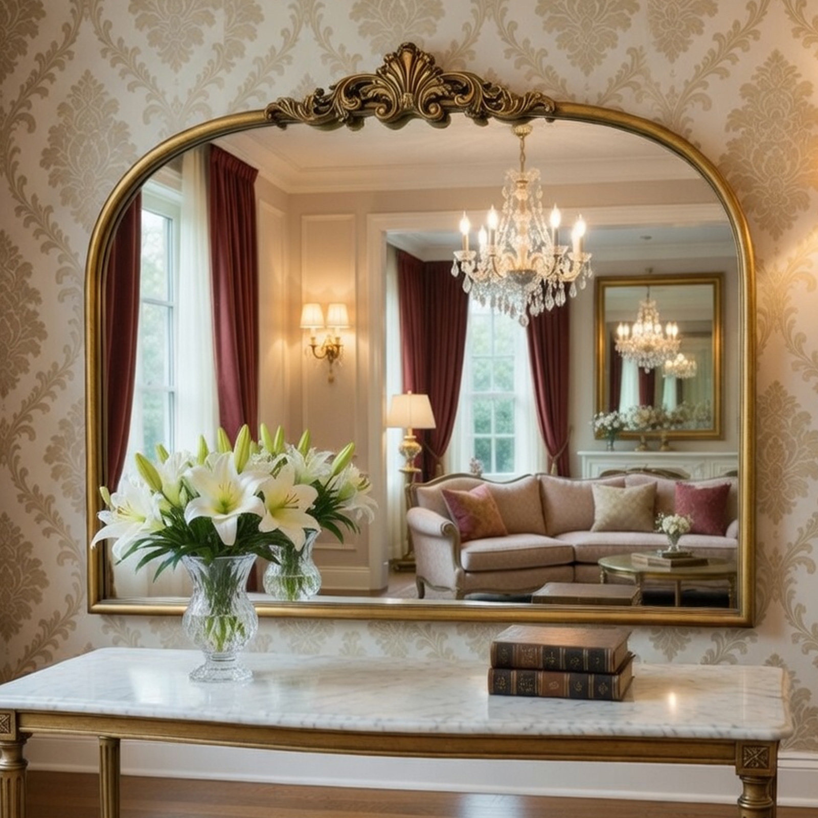 Vintage Baroque Gold Mirror Metal Frame 36x30 Inch, Antique Arched Mantle Retro Oil Rubbed Bronze Ornate Vintage Mirror for Living Room, Fireplace, Entryway, Bathroom - 30"L x 36"W