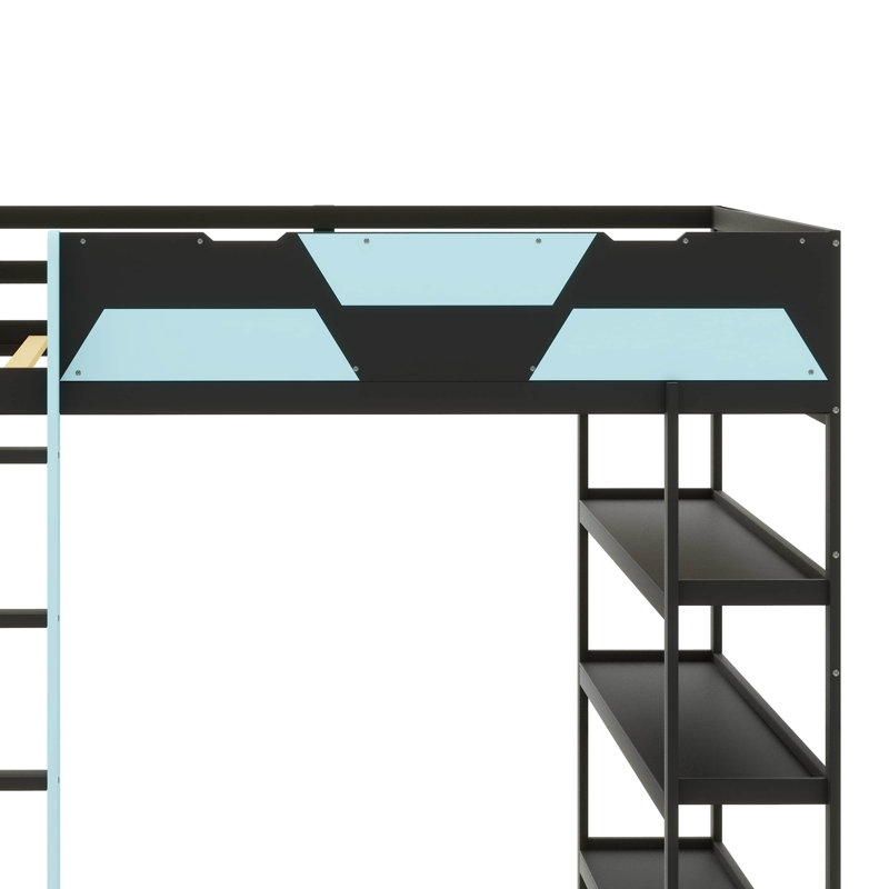 Lit mezzanine double pour jouer avec bureau, tablettes et lumières intégrées, Black/Blue