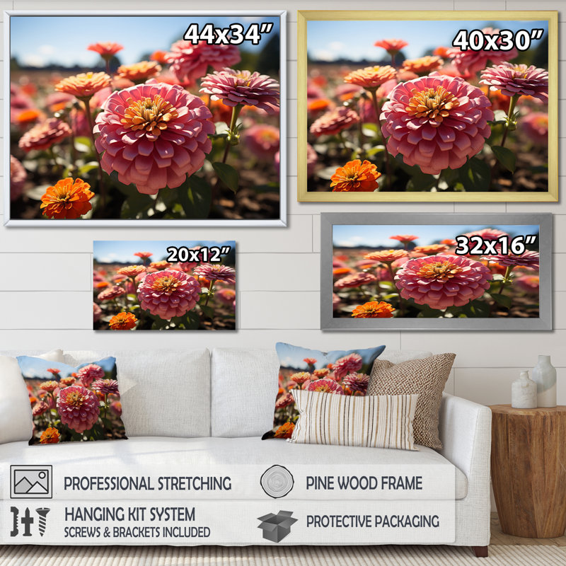«Colorful Zinnias Field At Sunrise III», reproduction d'art sur toile, H 30 po x l 40 po x P 1,5 po, Naturel