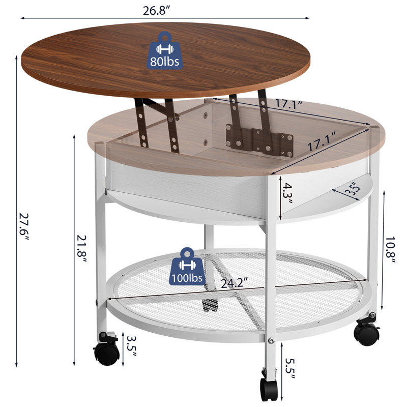 Lift Top Round Coffee Table With Rgb Led Lights, Rolling Storage Table With Lockable Casters For Living Room, Brown/White