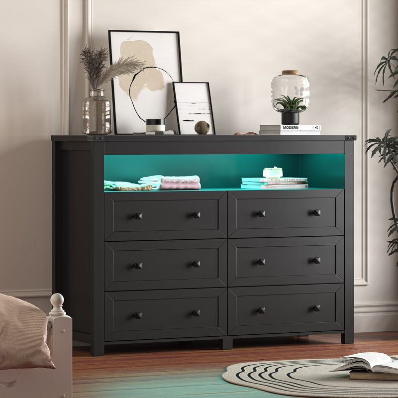 6 Drawer Dresser With Lights And Power Outlet, Black