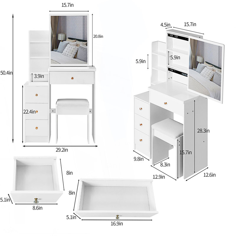 Ensemble de coiffeuse compacte avec tabouret rembourré et miroir coulissant, Blanc