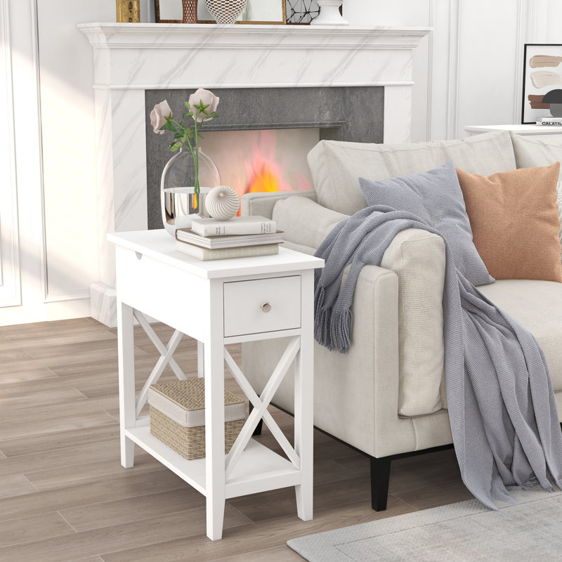 23.6" H End Table with Drawer and Additional Storage Space, White
