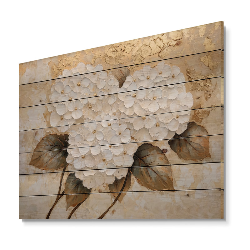 Harmonie d'hortensias dorés I - hydrangées, art mural en bois sur bois de pin naturel, H 30 po x l 40 po x P 0,78 po