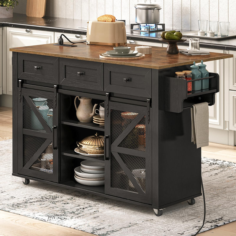 Kitchen Island with Storage, 55" Kitchen Cart with Charging Station