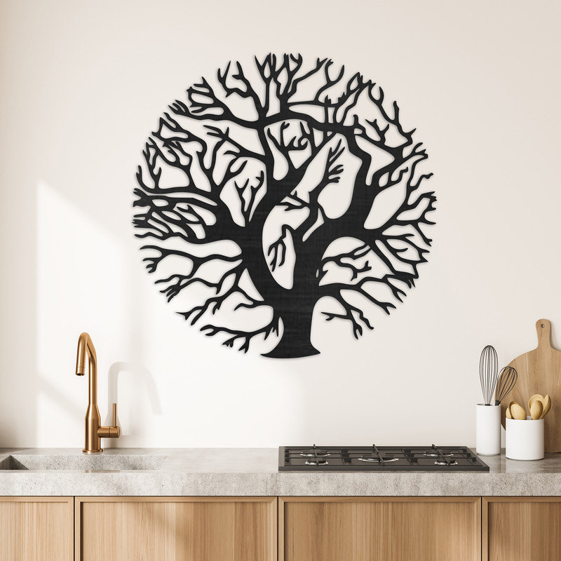 Abstrait art mural circulaire d'arbre - ACM blanc (46 po x 46 po), H 32 po x l 32 po x P 0,25 po, Noir