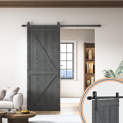 Ensemble de quincaillerie de porte de grange coulissante DOOR Harbour All-In-One, avec rail monobloc (sans épissure), poignée, serrure, guide de plancher et de mur réglable, en douceur et silencieusement, facile à installer, robuste (sans porte)