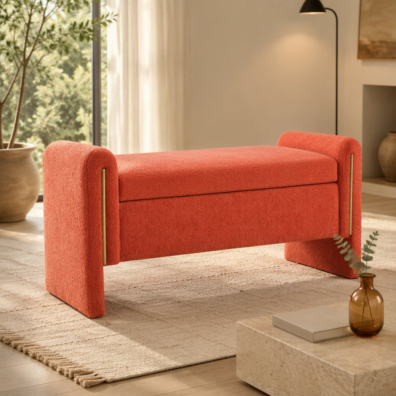 Banc de bout avec accoudoirs et rangement Modern Teddy Bed, H 17,3 po x L 59 po x P 17 po, Orange, Orange