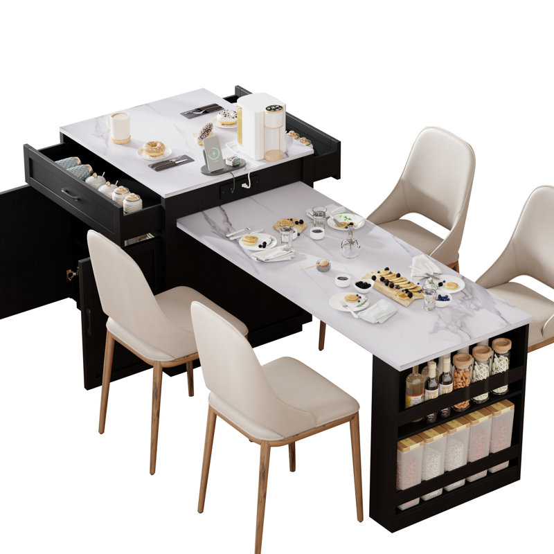 51.2" Extendable Kitchen Island, Black Faux Marble Surface, Double Storage, 2 Lockable Wheels, & Ac Outlets Dining Table Island For 2-6 Persons, Top, Ample Port, Soft Close Hinges