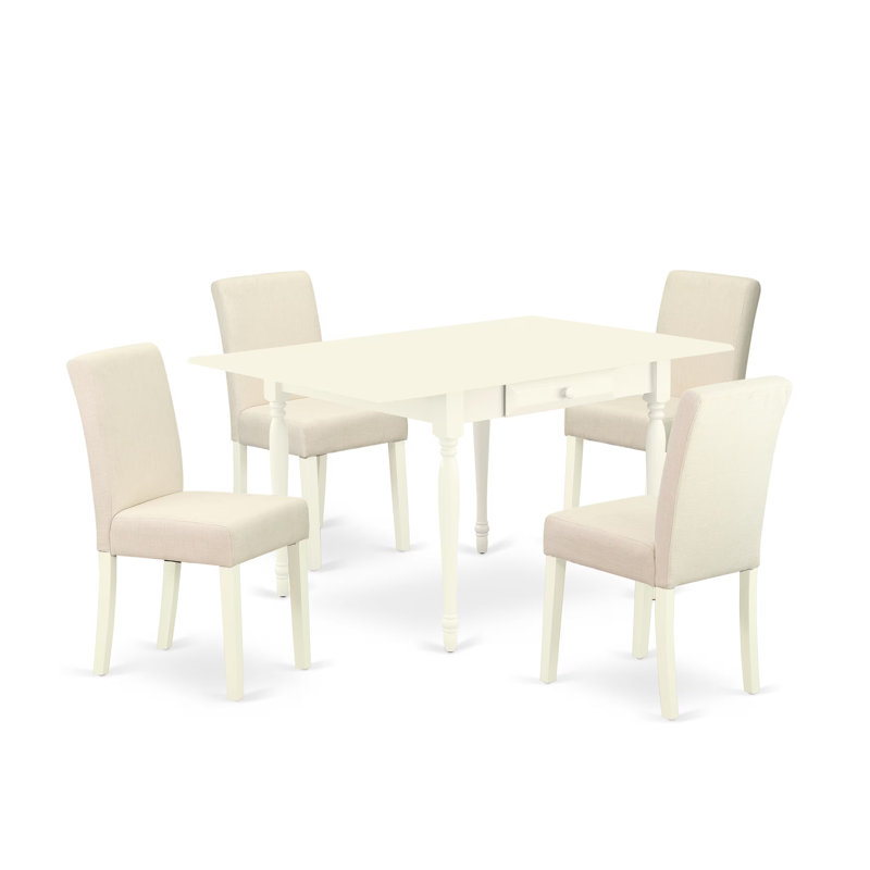 5 Piece Dining Room Furniture Set Includes a Rectangle Dining Table with Dropleaf and 4 Light Beige Linen Fabric Upholstered Chairs, Linen White