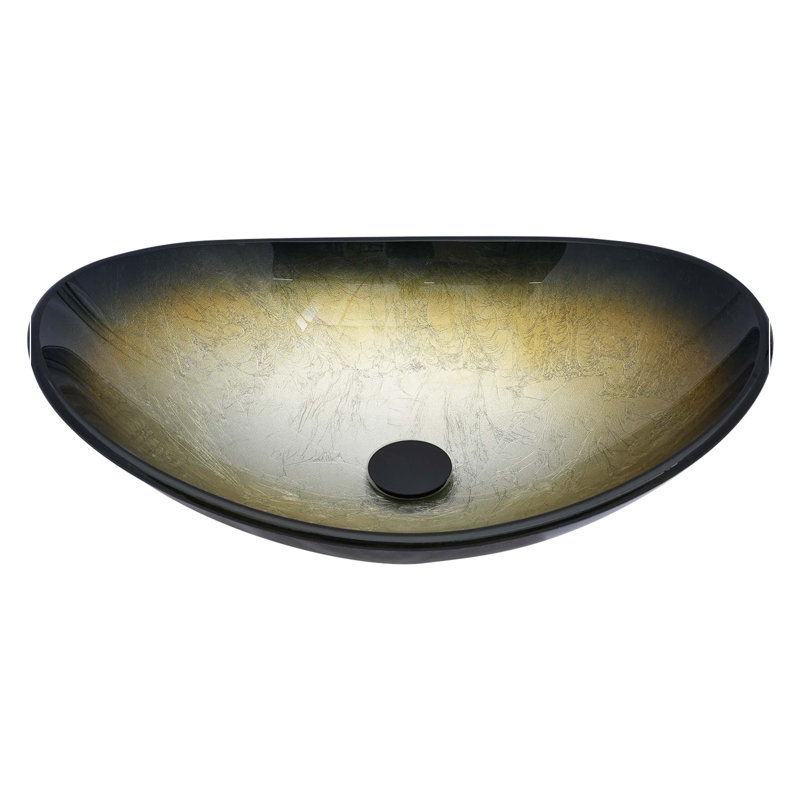 Lavabo de salle de bain vasque en verre trempé noir artistique avec drain escamotable noir, lavabo de salle de bain en forme de bateau au-dessus du comptoir (sans robinet)