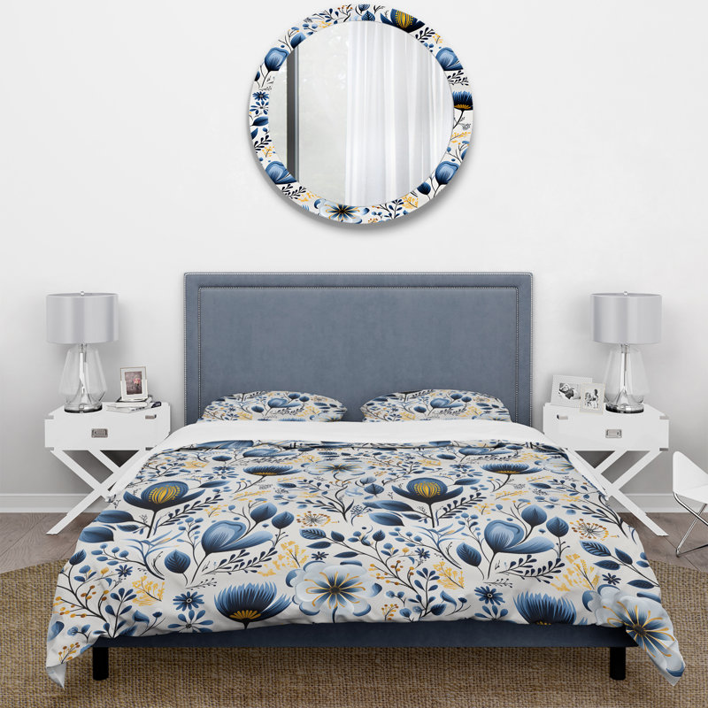 Floral Duvet Cover Set - Nordic Yellow Blue Garden Dreams, King Duvet Cover + 2 King Shams